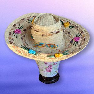 VNTG Boho Rattan Tropical HippieCore Beach Babe Sun Shade Coastal Nana Hat